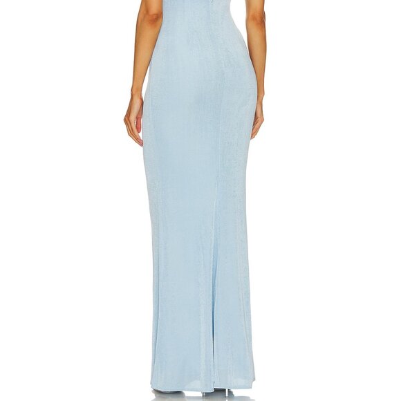 NWT KATIE MAY Spaghetti Strap Ruched Erykah Bodycon Maxi Gown Powder Blue Large - Picture 2 of 5